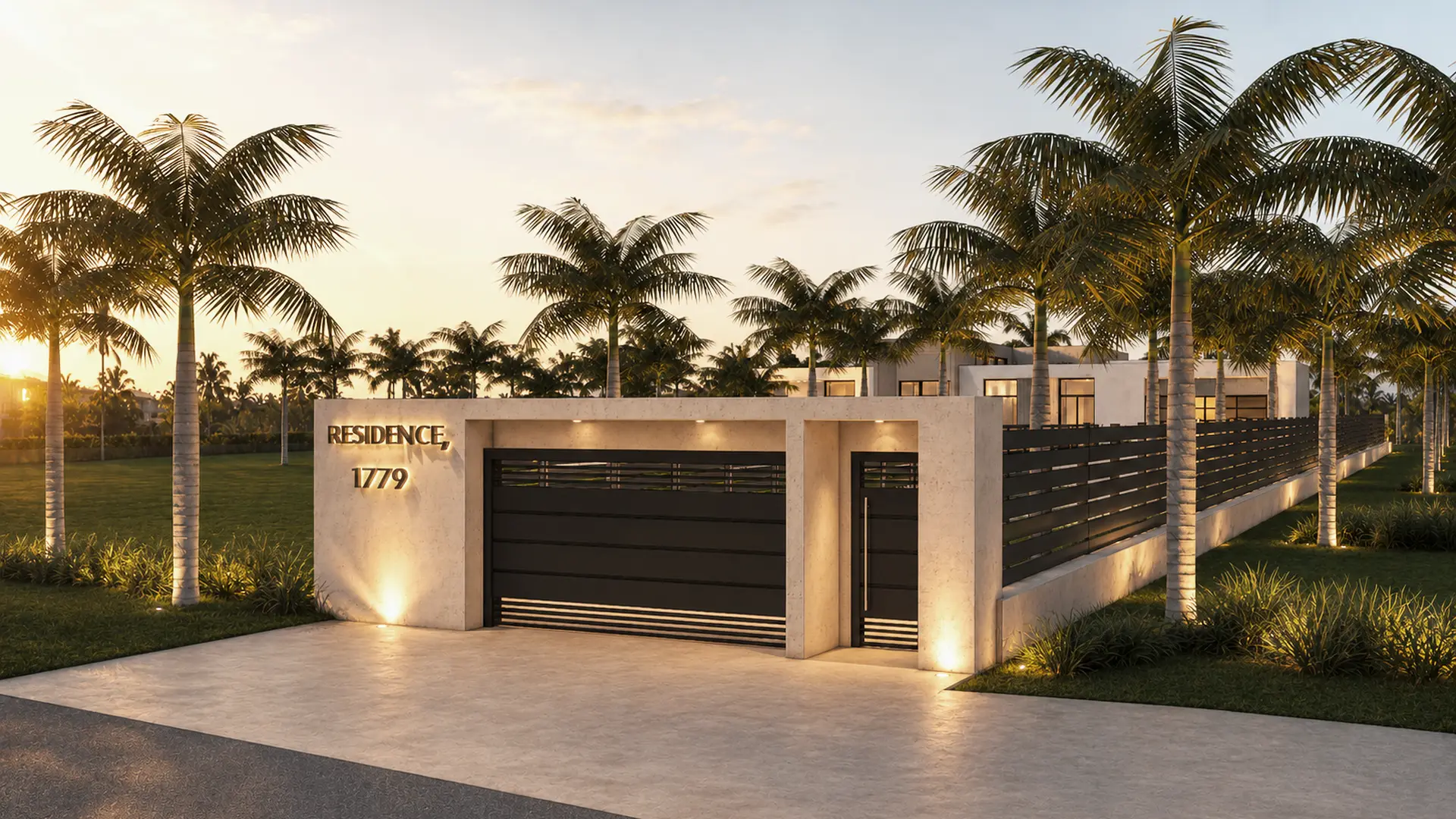 Street view at sunset: a limestone gate pillar reading Residence 1779, a slatted two-car garage door and a slatted fence under palms