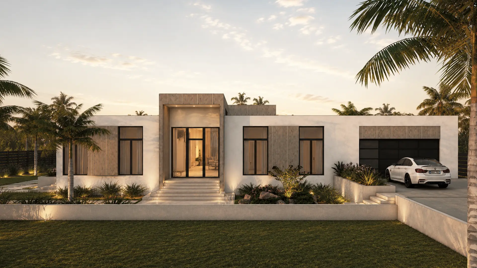 The front of the villa at dusk: a central lit entry up stone steps, floor-to-ceiling windows either side, garage on the right