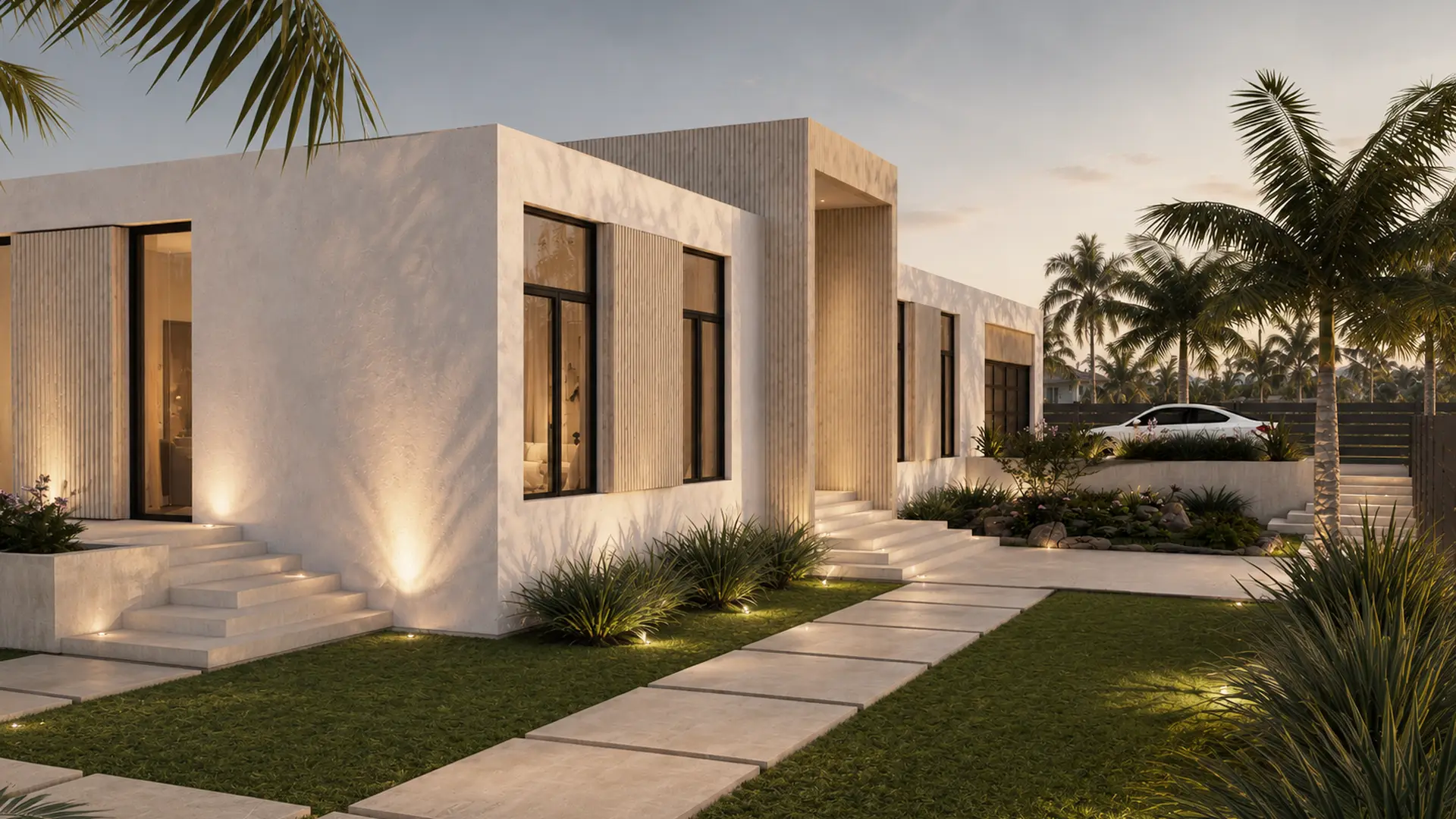 The entry at dusk: a paver path with ground lights leads to stone steps and a tall slatted wall framing the front door