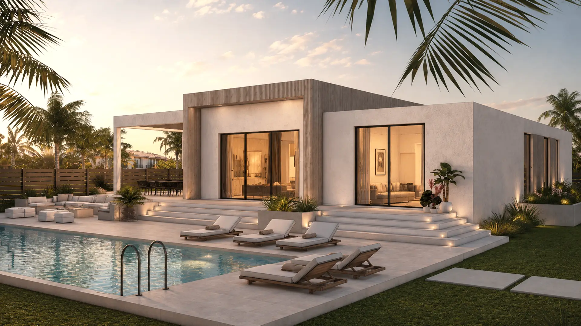 Poolside at sunset: a row of sun loungers along the pool, the lit living room behind floor-to-ceiling glass