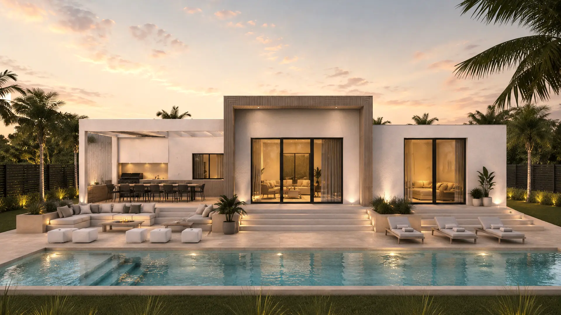 The rear of the villa across the pool at sunset: glass walls lit from inside, a lounge and dining terrace, loungers to the right
