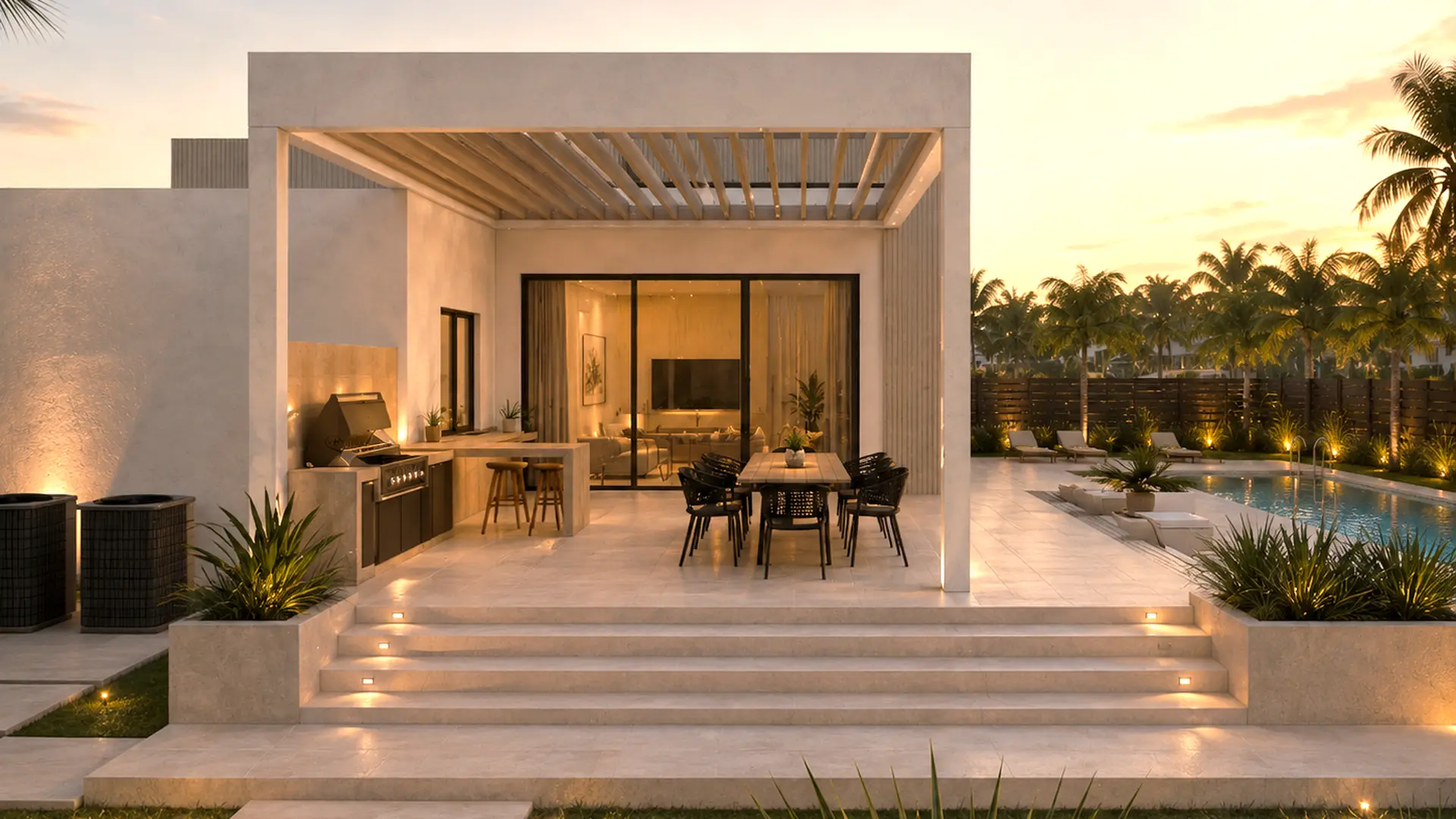 Under the pergola: an outdoor kitchen with a grill and bar stools, a long dining table, the pool beyond