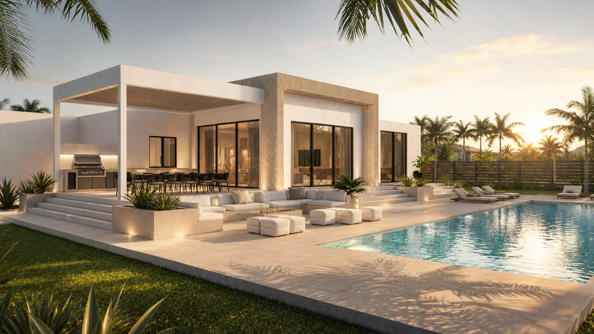 Wide view of the pool terrace in golden light: pergola and outdoor kitchen on the left, lounge seating, the pool on the right