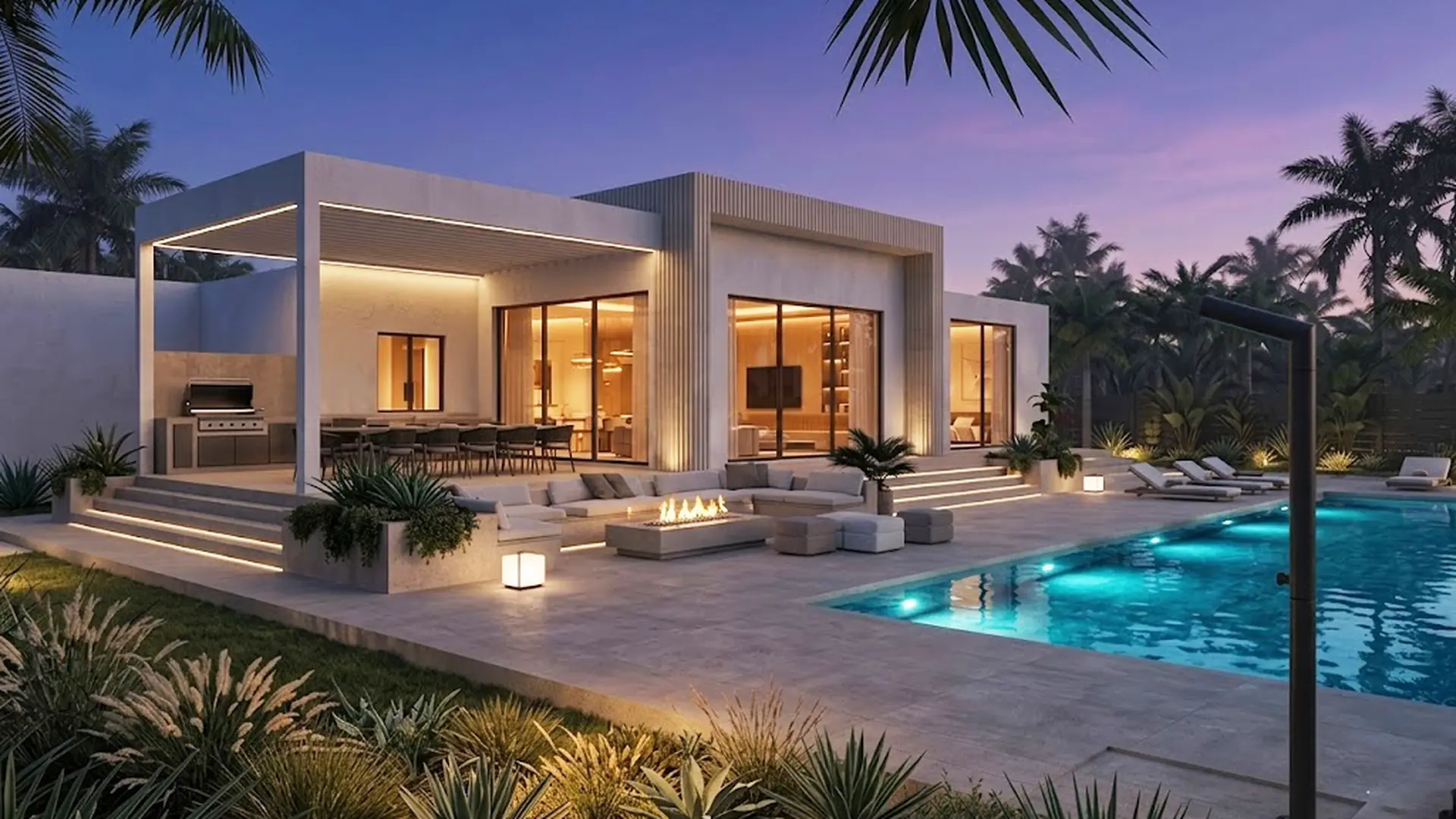 The same terrace at blue hour: a lit fire pit, underwater pool lights, a light strip along the pergola roof