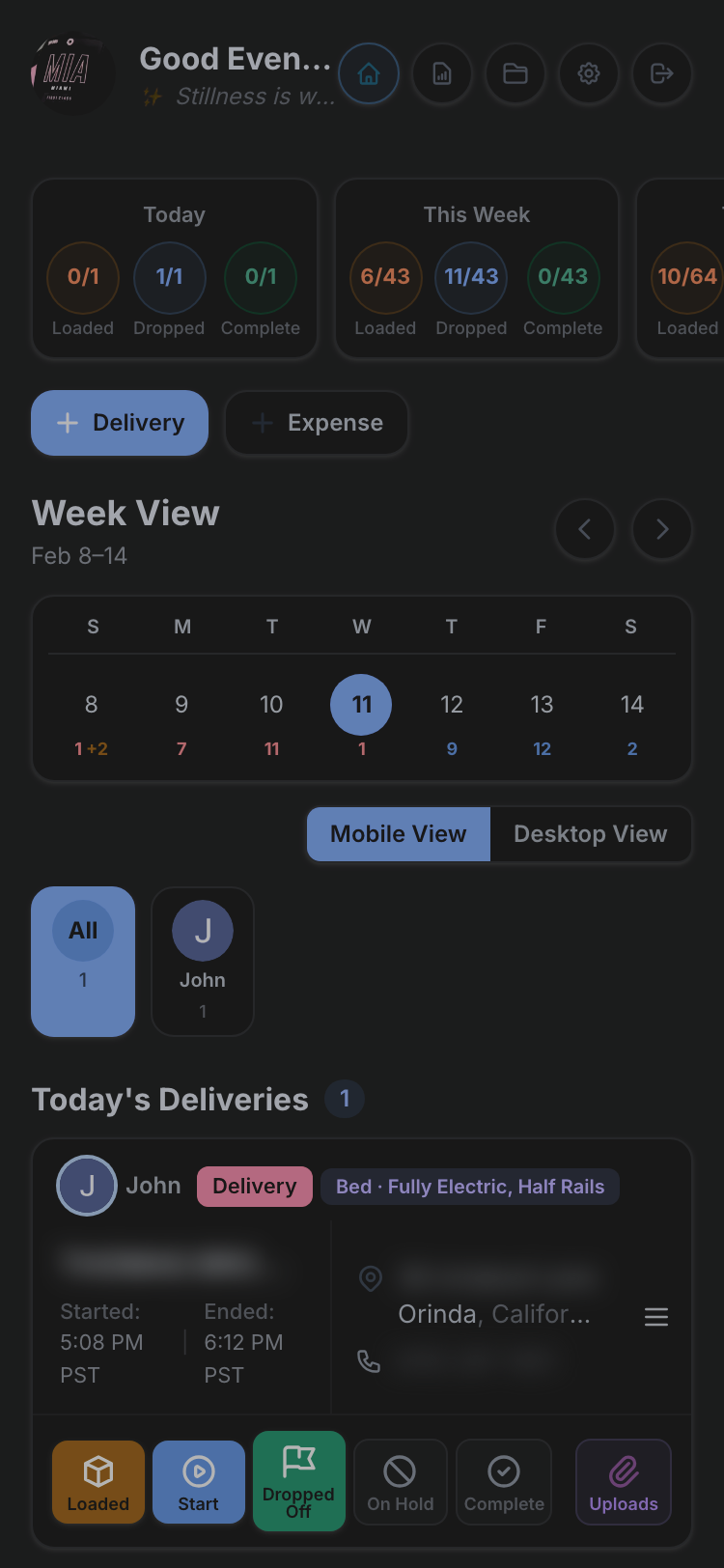 Mobile dashboard view